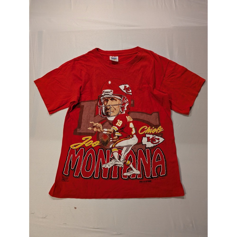 Vintage 1993 Joe Montana Men Medium Kansas City Chiefs Caricature Shirt Red USA